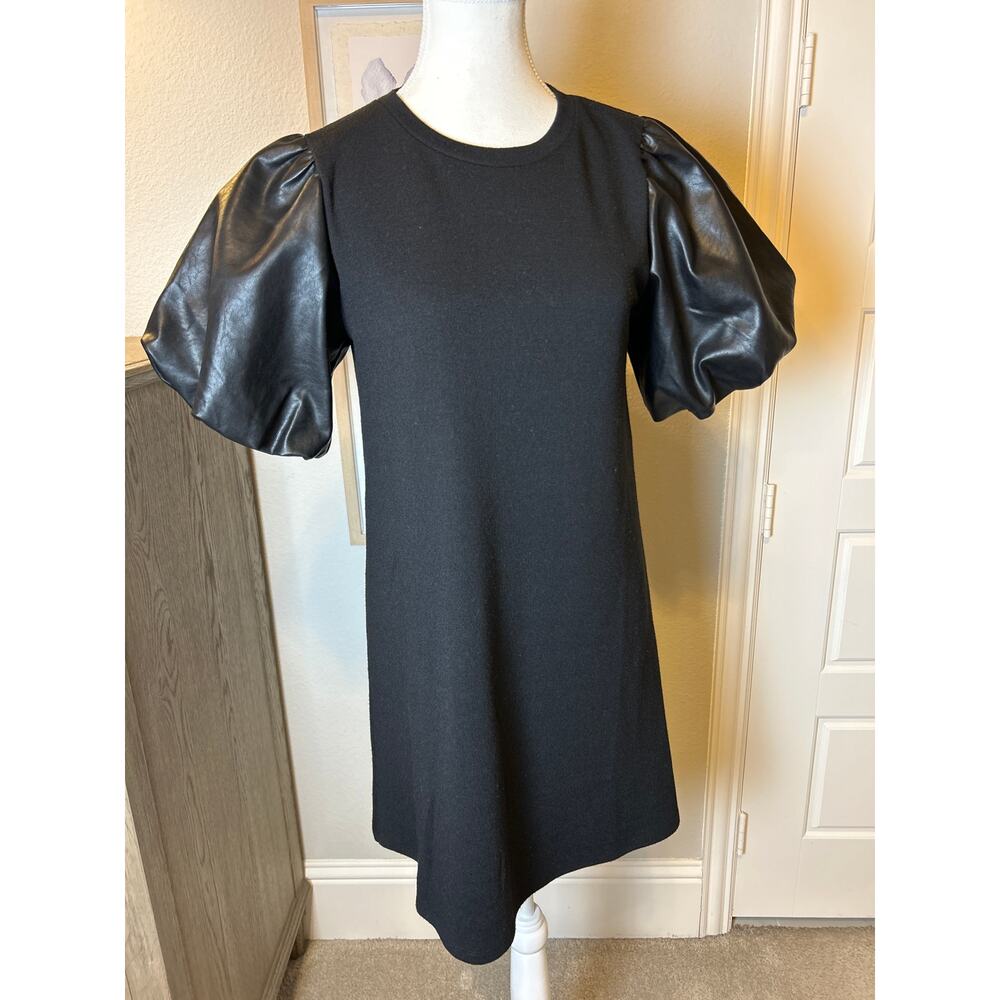 THML | Black Faux Leather Puff Sleeve Shirt Dress | Small - Picture 3 of 10